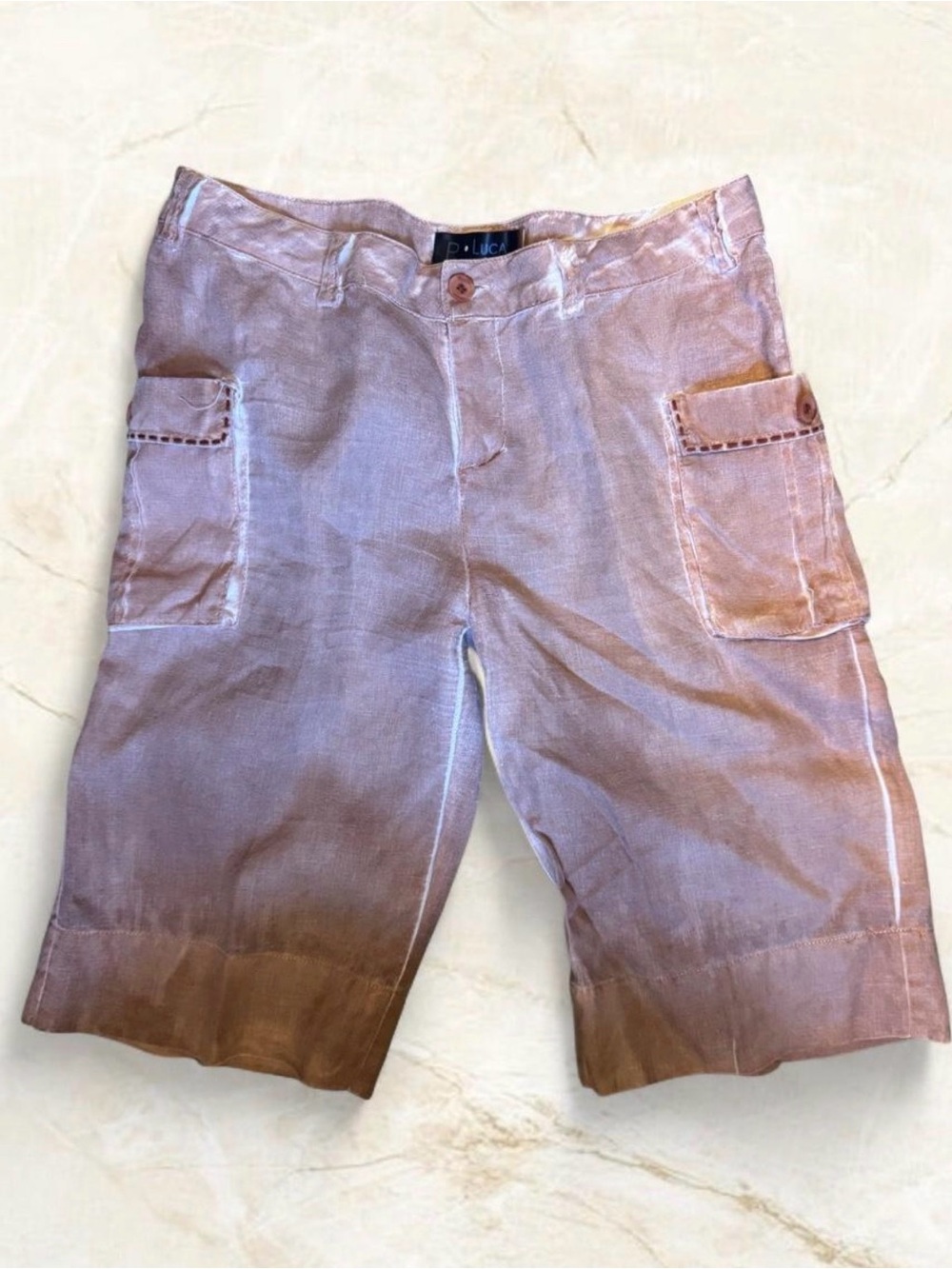 Salmon Pink Beachy Linen Cargo shorts with Burgundy Stitching -L